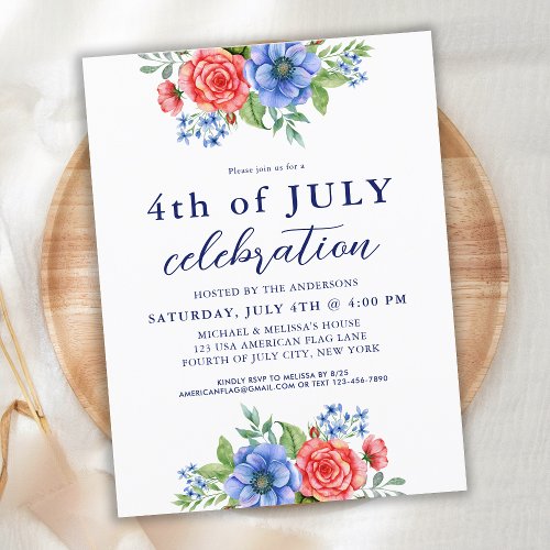 Patriotic Floral Red White Blue 4th Of July Party  Invitation Postcard