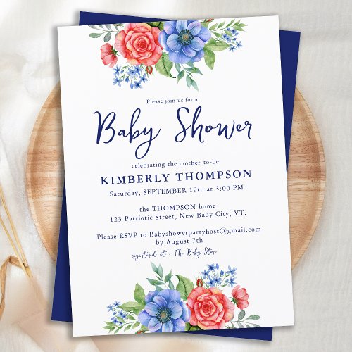 Patriotic Floral Red White Blue Baby Shower Invitation