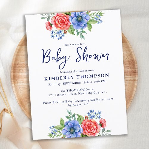 Patriotic Floral Red White Blue Baby Shower Invitation Postcard