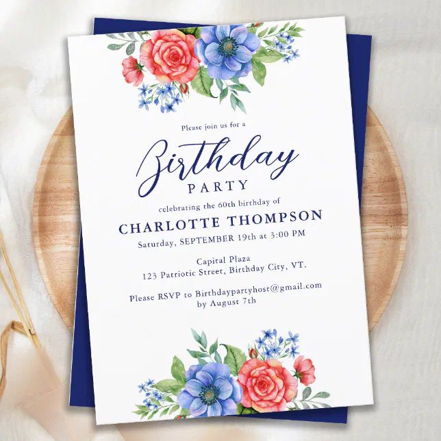 Patriotic Floral Red White Blue Birthday Party Invitation Zazzle Patriotic Floral Red White Blue Birthday Party Invitation Zazzle