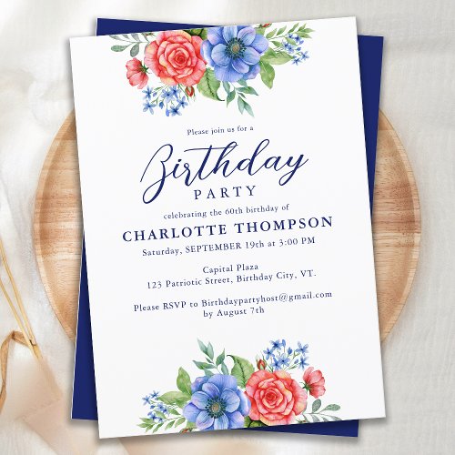 Patriotic Floral Red White Blue Birthday Party Invitation