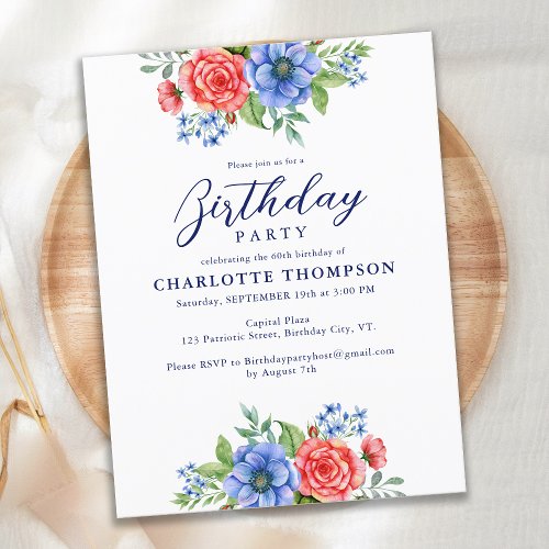 Patriotic Floral Red White Blue Birthday Party Invitation Postcard