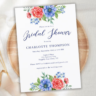 Patriotic Floral Red White Blue Bridal Shower Invitation
