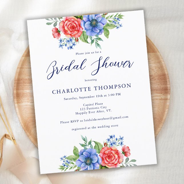 Patriotic Floral Red White Blue Bridal Shower Invitation Postcard (Creator Uploaded)