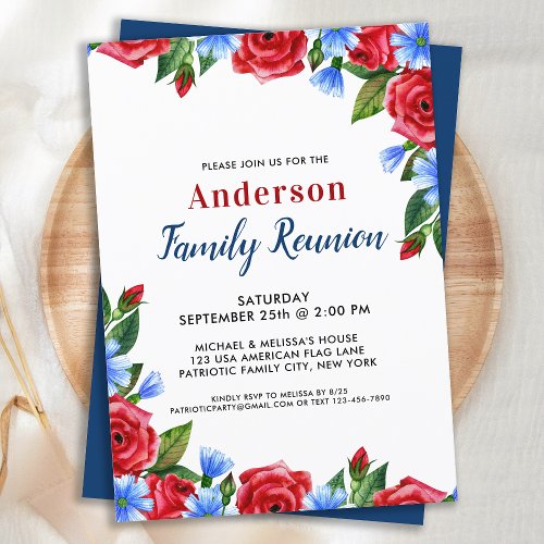 Patriotic Floral Red White Blue Family Reunion  Invitation
