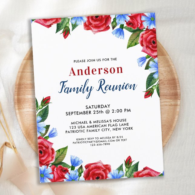 Patriotic Floral Red White Blue Family Reunion  Invitation Postcard (Creator Uploaded)