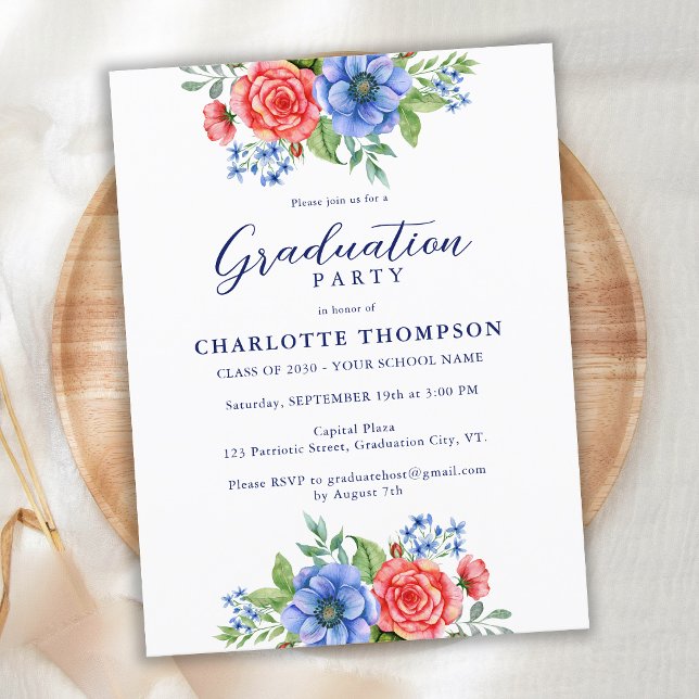 Patriotic Floral Red White Blue Graduation Invite (Creator Uploaded)