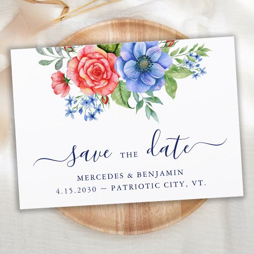 Patriotic Floral Red White Blue July 4th Wedding Save The Date