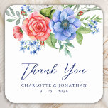 Patriotic Floral Red White Blue Wedding Thank You Square Sticker<br><div class="desc">These elegant and modern patriotic wedding thank you stickers feature beautiful watercolor flowers in red, white, and blue hues, making them the perfect choice for 4th of July wedding or military weddings. The design is both patriotic and floral, striking a perfect balance between the two themes. Visit our patriotic wedding...</div>