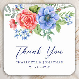 Patriotic Floral Red White Blue Wedding Thank You Square Sticker