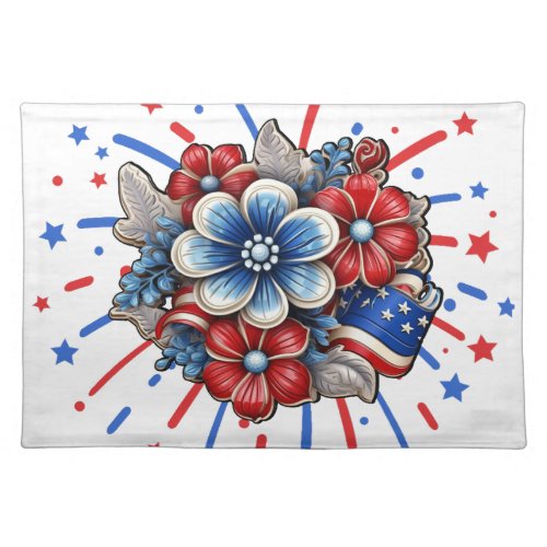 Patriotic Flowers in Red White  Blue 4th of July Cloth Placemat