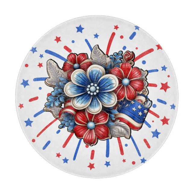 Patriotic Flowers in Red White & Blue 4th of July Cutting Board (Front)