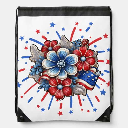Patriotic Flowers in Red White  Blue 4th of July Drawstring Bag