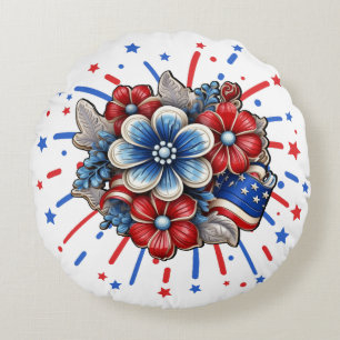 Patriotic Flowers in Red White & Blue 4th of July Round Pillow