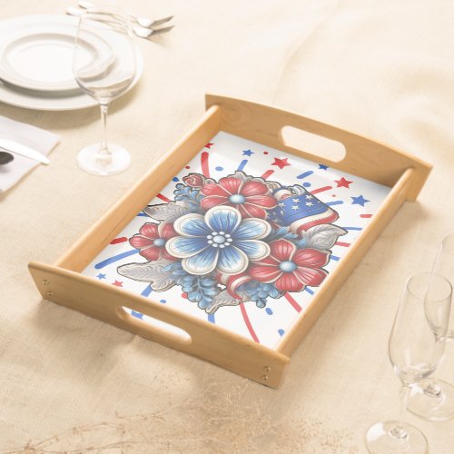 Patriotic Flowers in Red White  Blue 4th of July Serving Tray