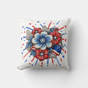 Patriotic Flowers in Red White & Blue 4th of July Throw Pillow