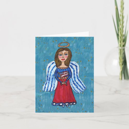 Patriotic Folk Art Angel USA Flag Gold Stars Card