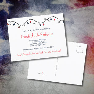 Patriotic Fourth of July Barbecue String Lights Invitation Postcard