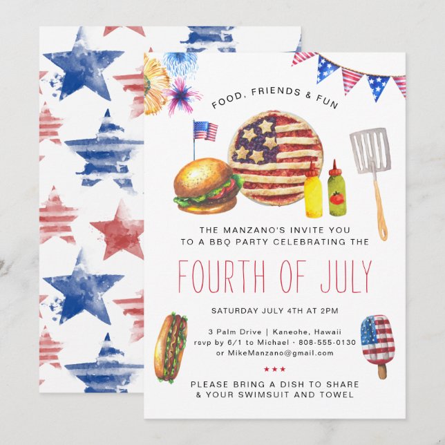 Patriotic Fourth of July BBQ Party Invitation (Front/Back)
