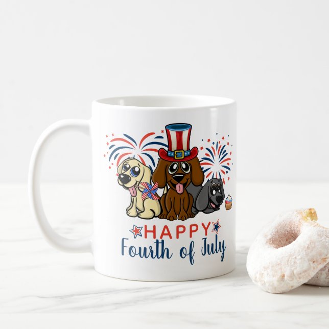 Patriotic Fourth of July Dogs Fireworks Coffee Mug (With Donut)