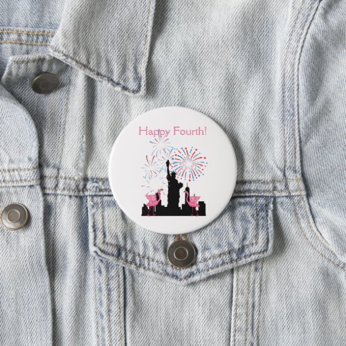 Patriotic Fourth of July Fireworks and Flamingos Button