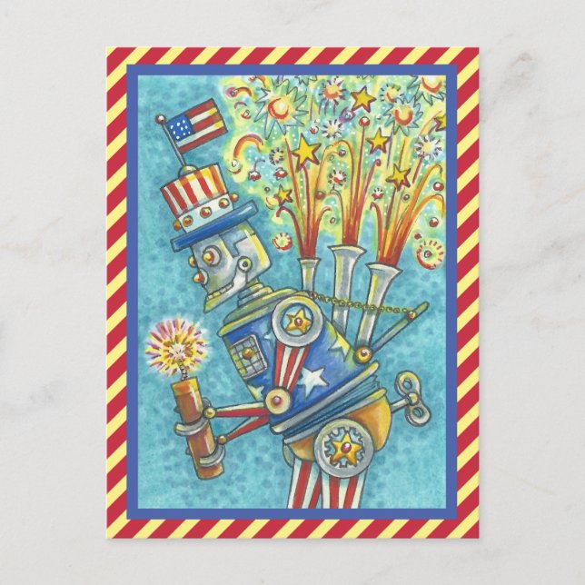 PATRIOTIC FOURTH OF JULY FIRWORKS ROBOT POSTCARD (Front)