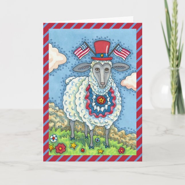 PATRIOTIC FOURTH OF JULY SHEEP, FUN FOLK ART Blank Holiday Card (Front)