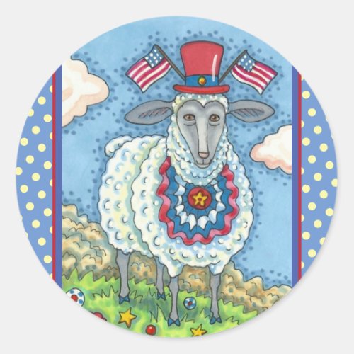 PATRIOTIC FOURTH OF JULY SHEEP Funny Folk Art Classic Round Sticker
