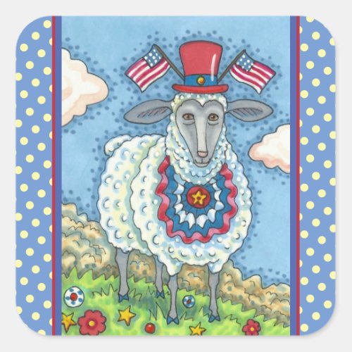 PATRIOTIC FOURTH OF JULY SHEEP Funny Folk Art Square Sticker