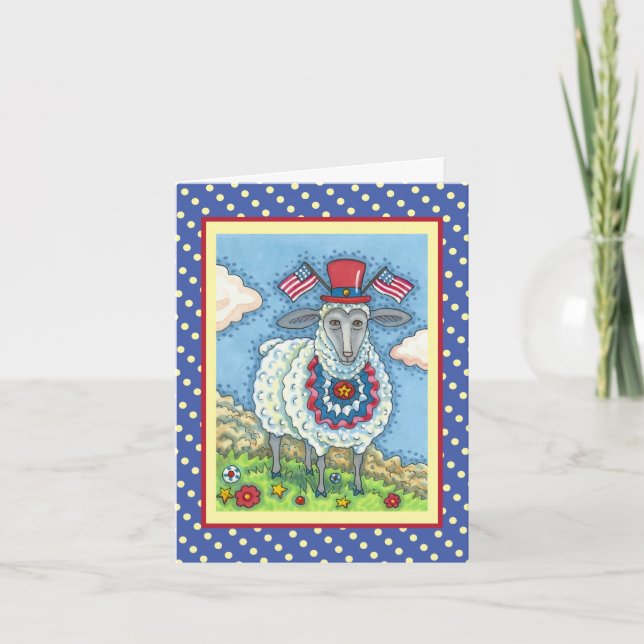 PATRIOTIC FOURTH OF JULY SHEEP, Funny Folk Blank Holiday Card (Front)