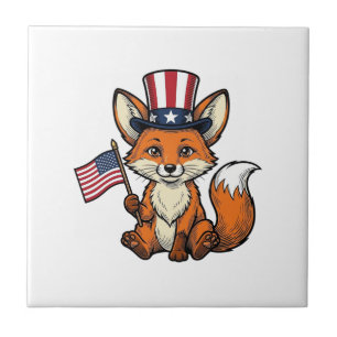 Patriotic Fox Vintage Engraving Shirt Design_1 Ceramic Tile