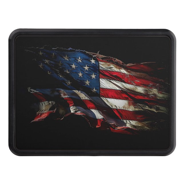 Patriotic, frayed and weathered American flag Hitch Cover (Front)