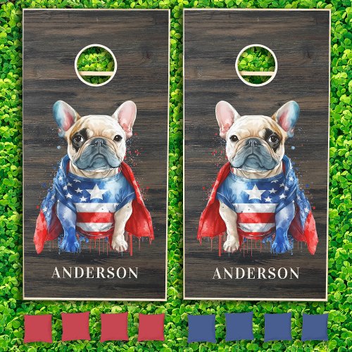 Patriotic French Bulldog Dog USA 4th O July Rustic Cornhole Set