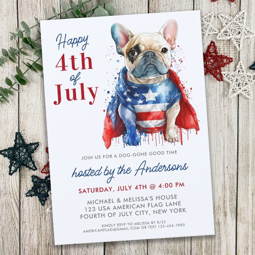 Patriotic French Bulldog Dog USA Flag 4th Of July Invitation