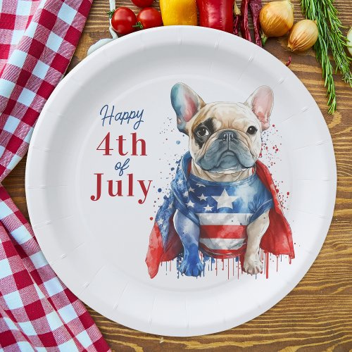 Patriotic French Bulldog Dog USA Flag 4th Of July Paper Plates