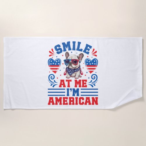 Patriotic French Bulldog for 4th Of July Beach Towel