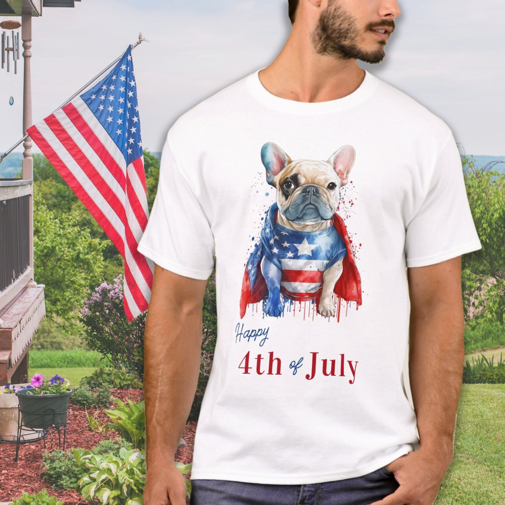 Discover Patriotic French Bulldog USA Flag Happy 4th O July Personalized T-Shirt