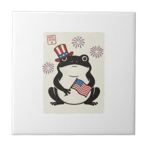 Patriotic Frog Vintage Engraving Vector Art_1 Ceramic Tile