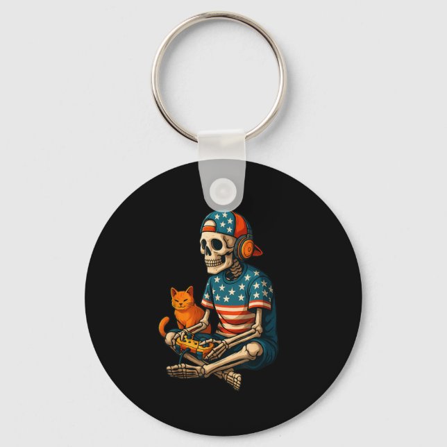 Patriotic Gamer Skeleton Gaming Video Games Cat Bo Keychain (Front)