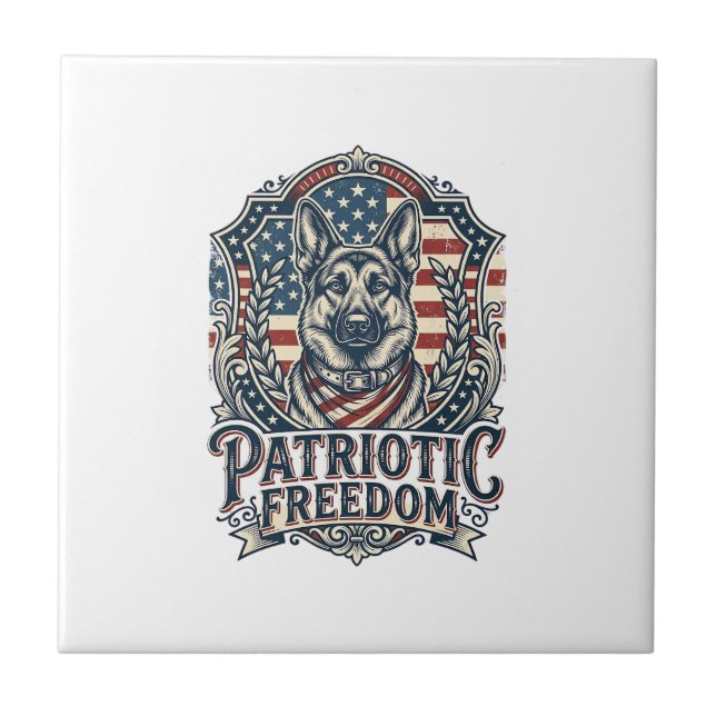 Patriotic German Shepherd Vector Graphic Tee_1 Ceramic Tile (Front)