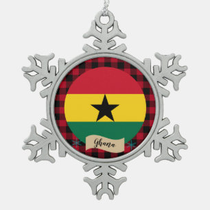 Patriotic Ghana, Red buffalo plaid, Ghanaian Flag Snowflake Pewter Christmas Ornament