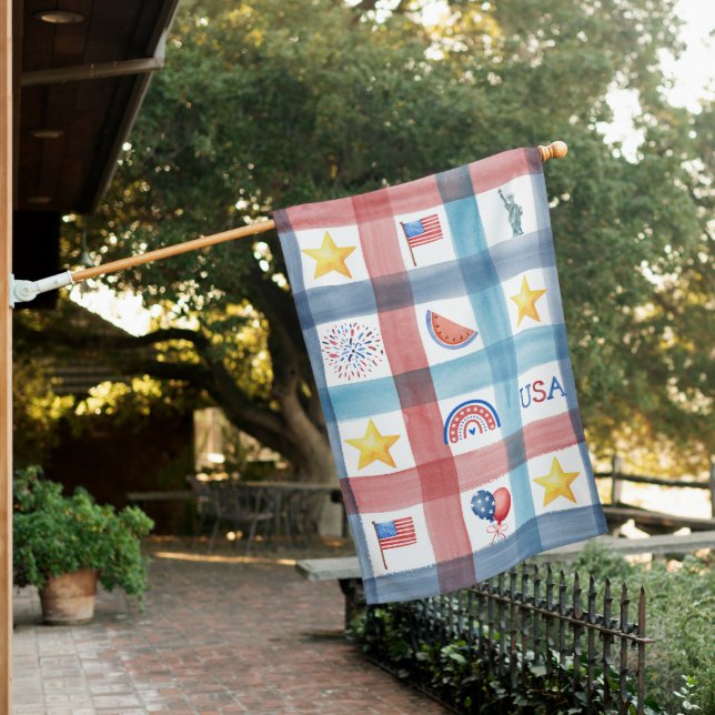 Patriotic Gingham America 4th of July Summer  House Flag (In SItu)