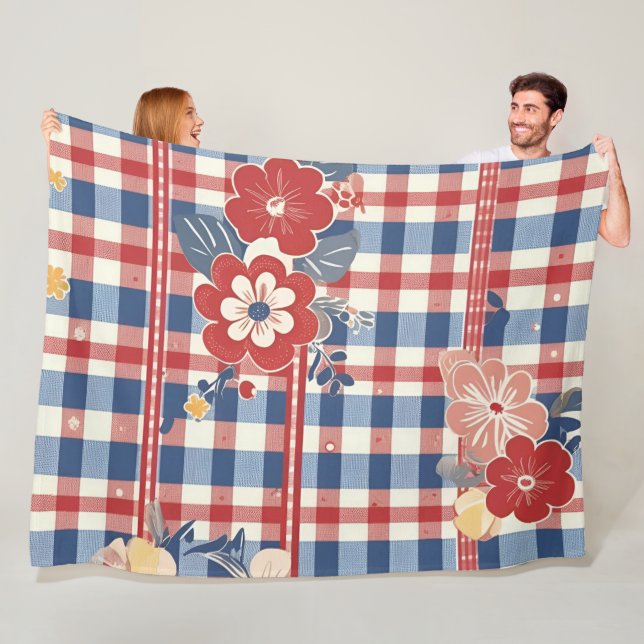 Patriotic Gingham with Floral Accents | Red White  Fleece Blanket (In Situ)