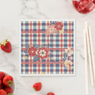 Patriotic Gingham with Floral Accents   Red White  Napkins