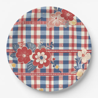 Patriotic Gingham with Floral Accents | Red White  Paper Plates