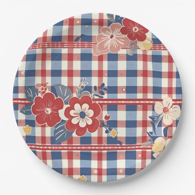 Patriotic Gingham with Floral Accents | Red White  Paper Plates (Front)