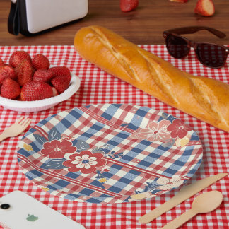 Patriotic Gingham with Floral Accents | Red White Paper Plates