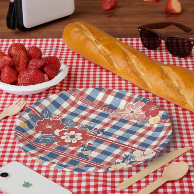 Patriotic Gingham with Floral Accents | Red White  Paper Plates (Picnic)