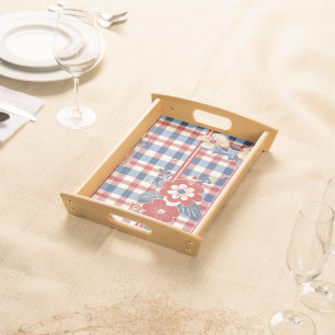Patriotic Gingham with Floral Accents   Red White  Serving Tray