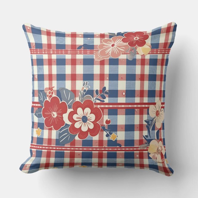 Patriotic Gingham with Floral Accents | Red White  Throw Pillow (Front)